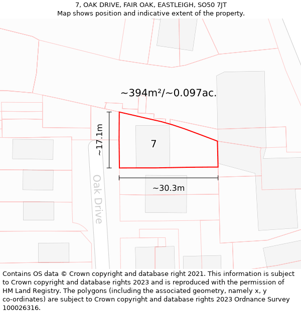 7, OAK DRIVE, FAIR OAK, EASTLEIGH, SO50 7JT: Plot and title map