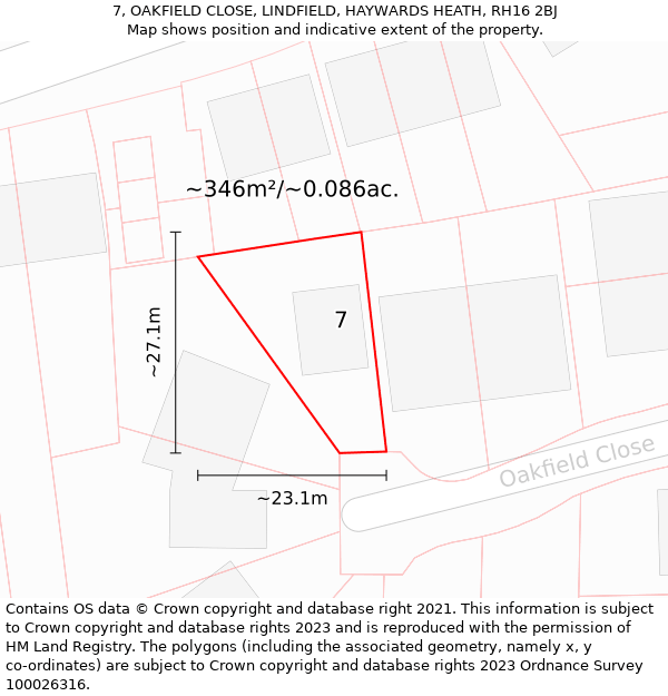 7, OAKFIELD CLOSE, LINDFIELD, HAYWARDS HEATH, RH16 2BJ: Plot and title map