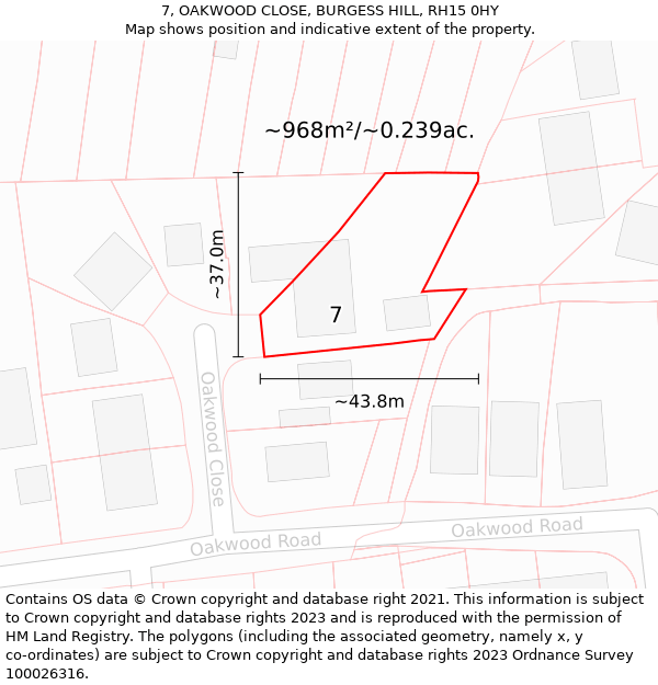 7, OAKWOOD CLOSE, BURGESS HILL, RH15 0HY: Plot and title map