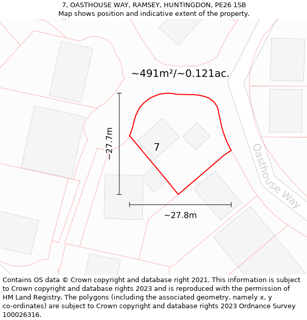 7, OASTHOUSE WAY, RAMSEY, HUNTINGDON, PE26 1SB: Plot and title map