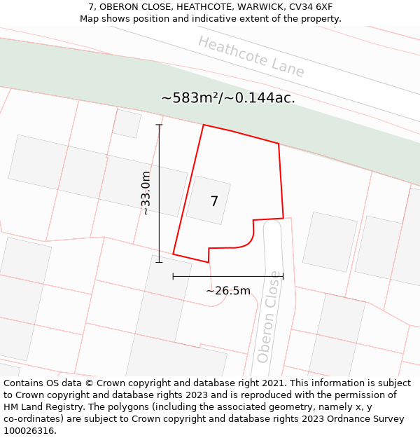 7, OBERON CLOSE, HEATHCOTE, WARWICK, CV34 6XF: Plot and title map