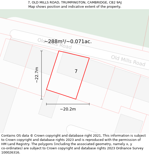 7, OLD MILLS ROAD, TRUMPINGTON, CAMBRIDGE, CB2 9AJ: Plot and title map