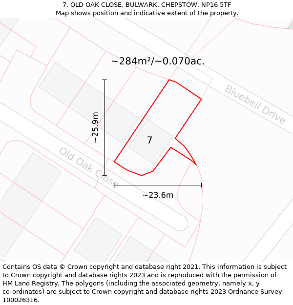 7, OLD OAK CLOSE, BULWARK, CHEPSTOW, NP16 5TF: Plot and title map