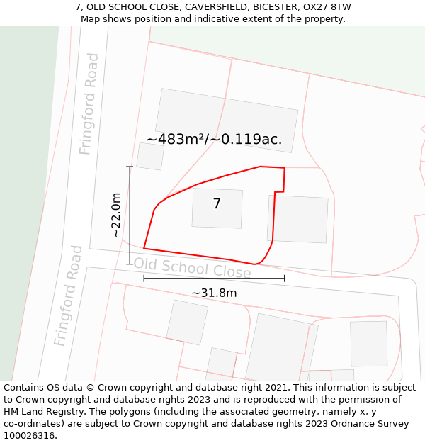 7, OLD SCHOOL CLOSE, CAVERSFIELD, BICESTER, OX27 8TW: Plot and title map