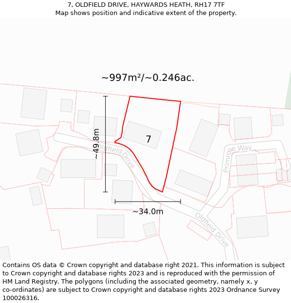 7, OLDFIELD DRIVE, HAYWARDS HEATH, RH17 7TF: Plot and title map