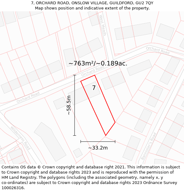 7, ORCHARD ROAD, ONSLOW VILLAGE, GUILDFORD, GU2 7QY: Plot and title map