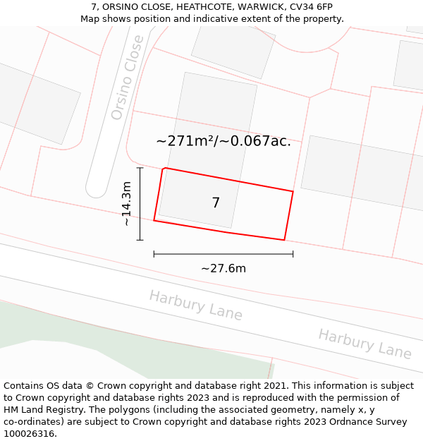 7, ORSINO CLOSE, HEATHCOTE, WARWICK, CV34 6FP: Plot and title map