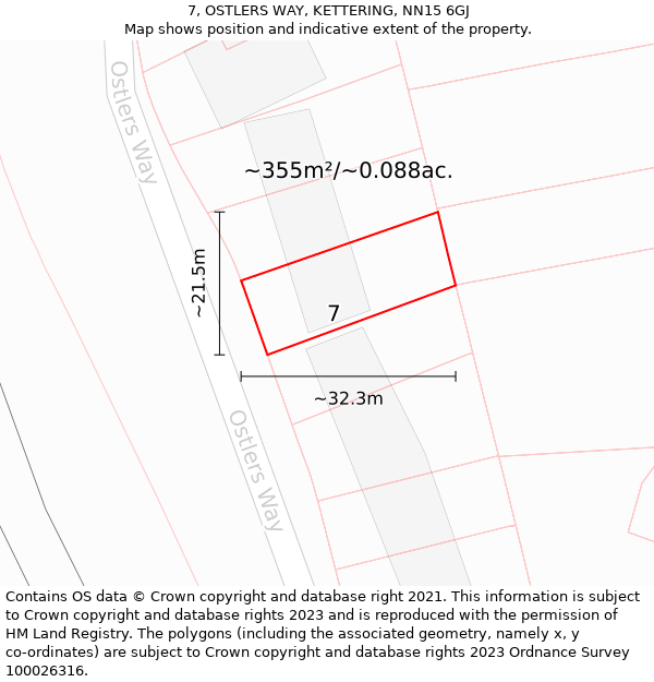 7, OSTLERS WAY, KETTERING, NN15 6GJ: Plot and title map