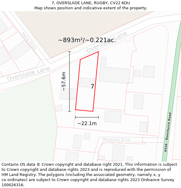 7, OVERSLADE LANE, RUGBY, CV22 6DU: Plot and title map