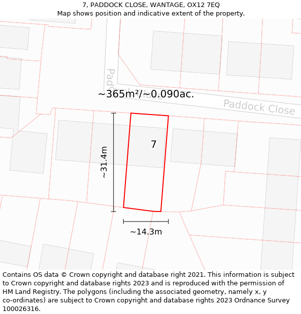7, PADDOCK CLOSE, WANTAGE, OX12 7EQ: Plot and title map
