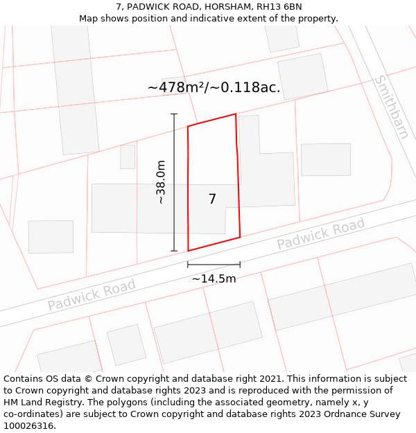 7, PADWICK ROAD, HORSHAM, RH13 6BN: Plot and title map