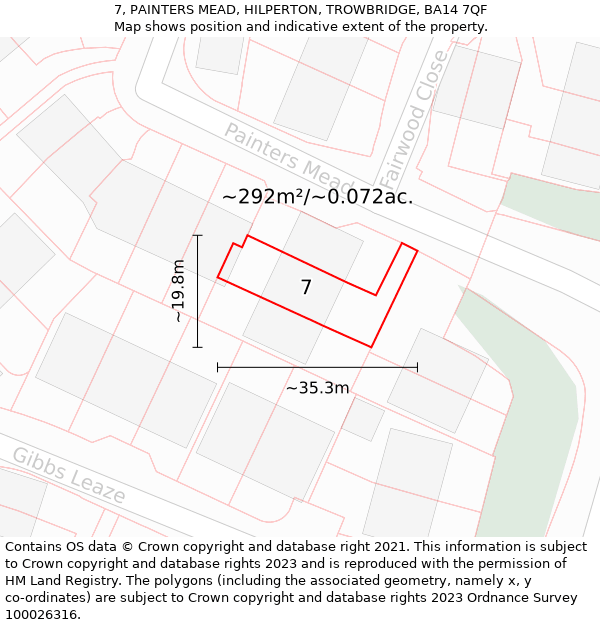 7, PAINTERS MEAD, HILPERTON, TROWBRIDGE, BA14 7QF: Plot and title map