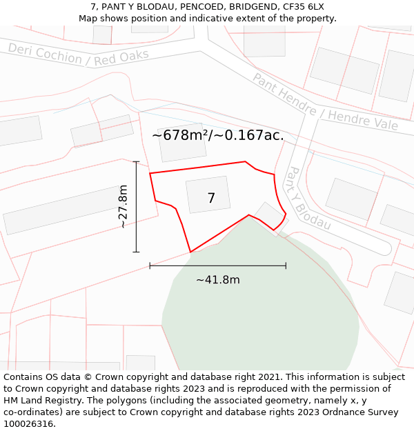 7, PANT Y BLODAU, PENCOED, BRIDGEND, CF35 6LX: Plot and title map