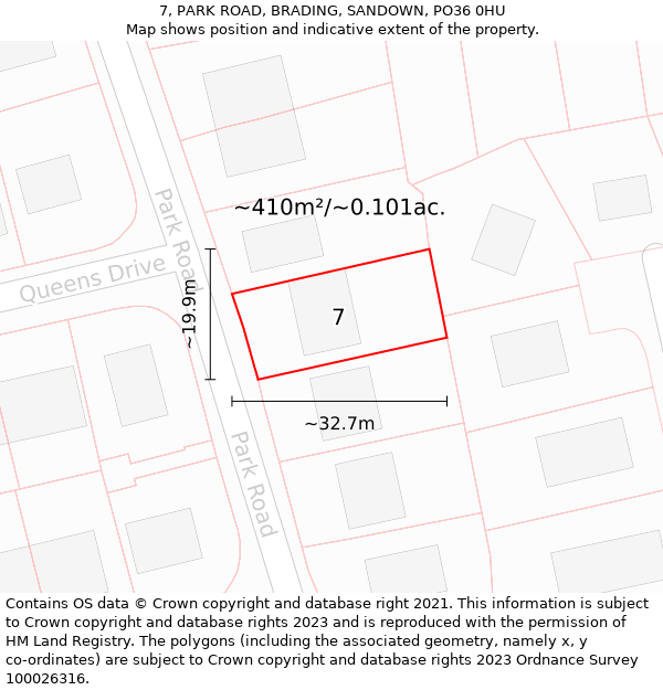 7, PARK ROAD, BRADING, SANDOWN, PO36 0HU: Plot and title map