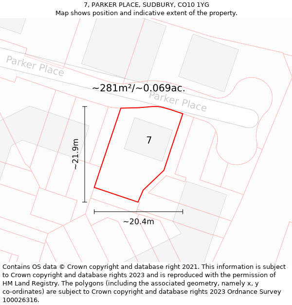 7, PARKER PLACE, SUDBURY, CO10 1YG: Plot and title map