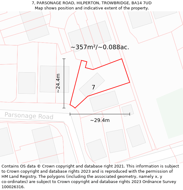 7, PARSONAGE ROAD, HILPERTON, TROWBRIDGE, BA14 7UD: Plot and title map