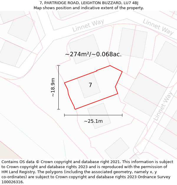 7, PARTRIDGE ROAD, LEIGHTON BUZZARD, LU7 4BJ: Plot and title map