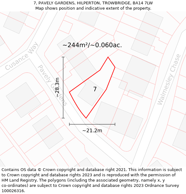 7, PAVELY GARDENS, HILPERTON, TROWBRIDGE, BA14 7LW: Plot and title map