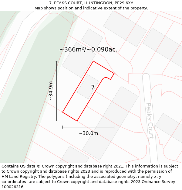 7, PEAKS COURT, HUNTINGDON, PE29 6XA: Plot and title map