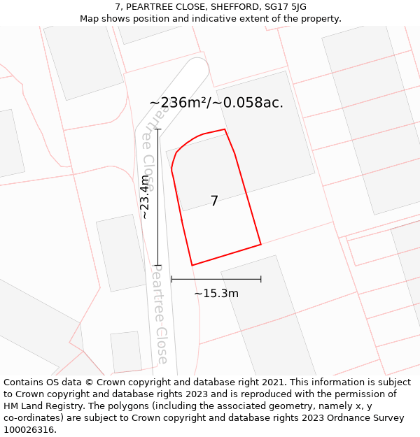 7, PEARTREE CLOSE, SHEFFORD, SG17 5JG: Plot and title map