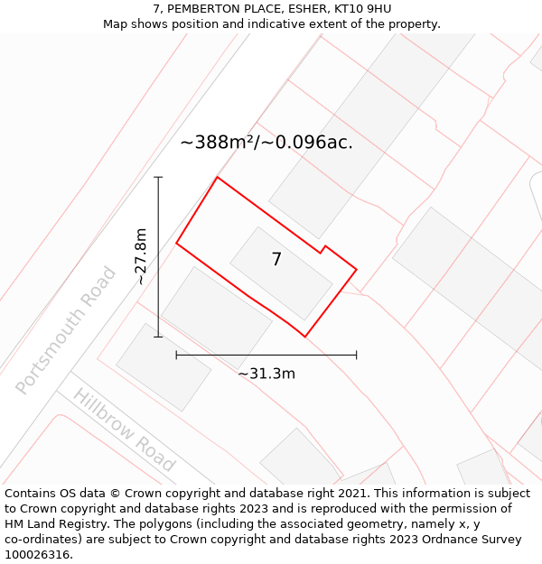 7, PEMBERTON PLACE, ESHER, KT10 9HU: Plot and title map