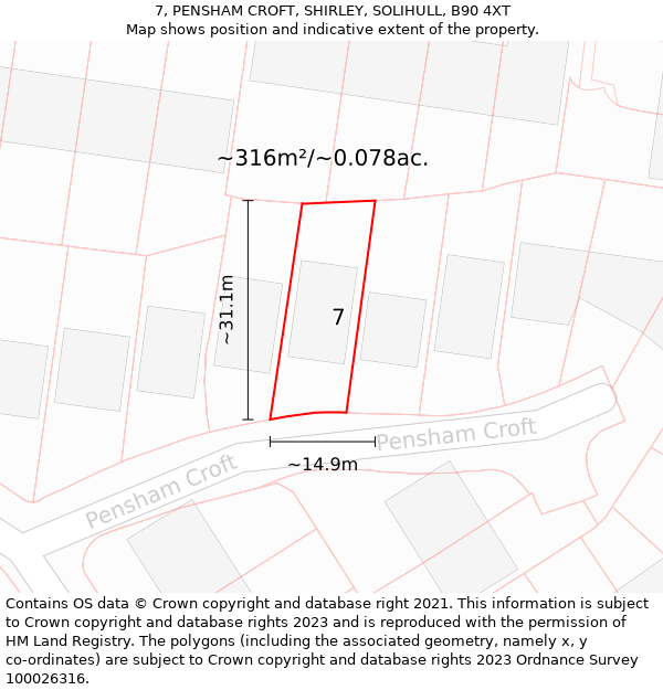 7, PENSHAM CROFT, SHIRLEY, SOLIHULL, B90 4XT: Plot and title map