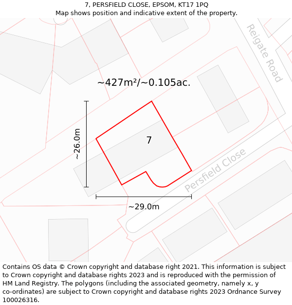 7, PERSFIELD CLOSE, EPSOM, KT17 1PQ: Plot and title map