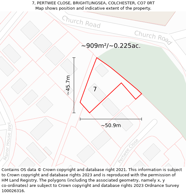 7, PERTWEE CLOSE, BRIGHTLINGSEA, COLCHESTER, CO7 0RT: Plot and title map