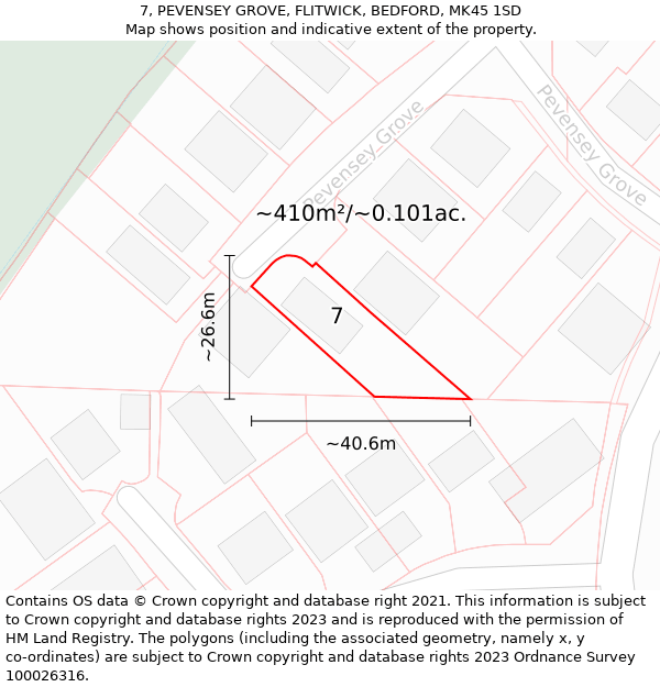 7, PEVENSEY GROVE, FLITWICK, BEDFORD, MK45 1SD: Plot and title map