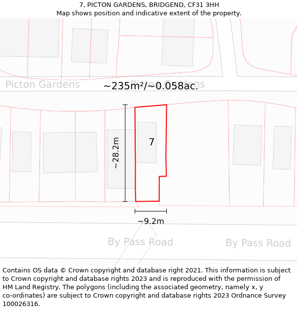 7, PICTON GARDENS, BRIDGEND, CF31 3HH: Plot and title map