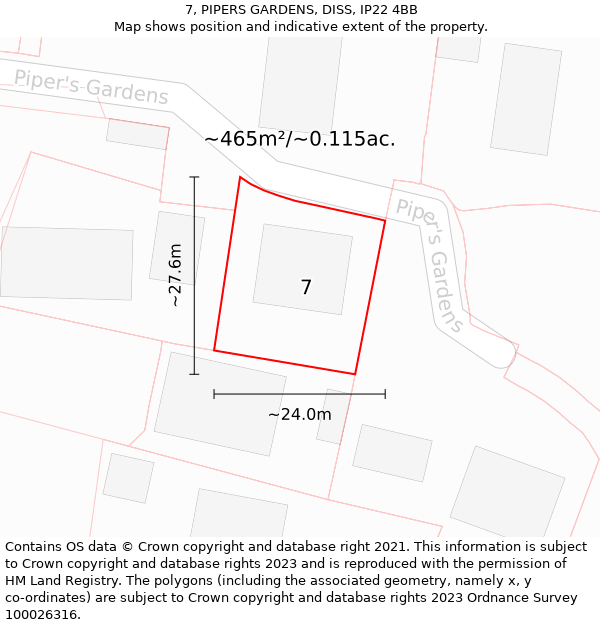 7, PIPERS GARDENS, DISS, IP22 4BB: Plot and title map