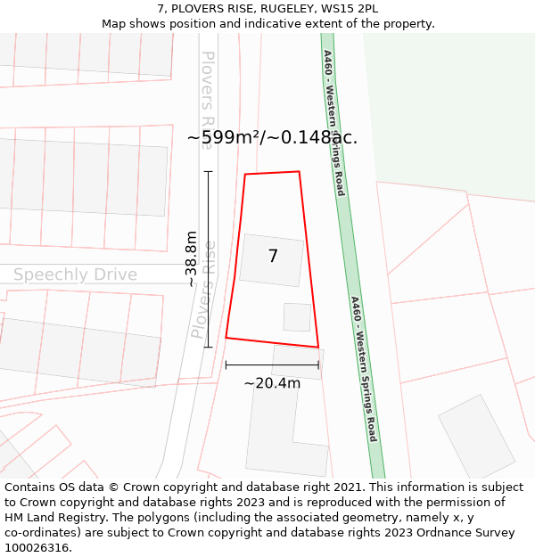 7, PLOVERS RISE, RUGELEY, WS15 2PL: Plot and title map