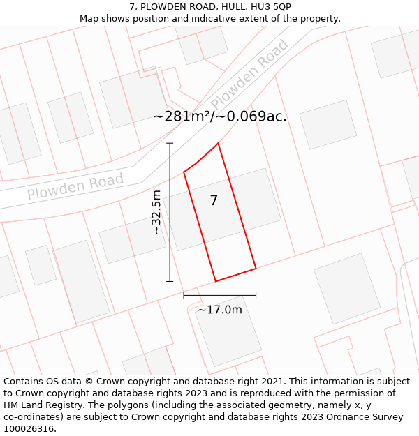 7, PLOWDEN ROAD, HULL, HU3 5QP: Plot and title map