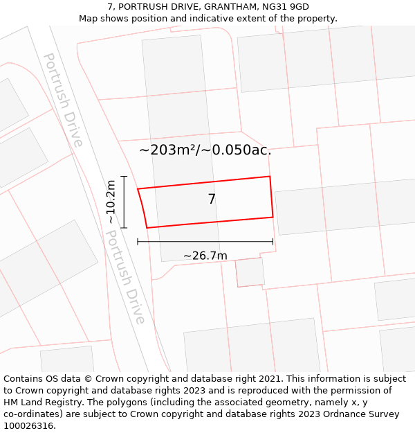 7, PORTRUSH DRIVE, GRANTHAM, NG31 9GD: Plot and title map