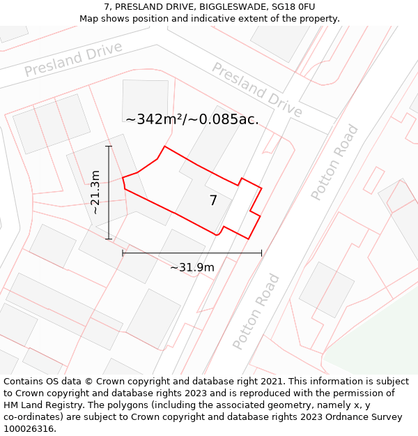 7, PRESLAND DRIVE, BIGGLESWADE, SG18 0FU: Plot and title map