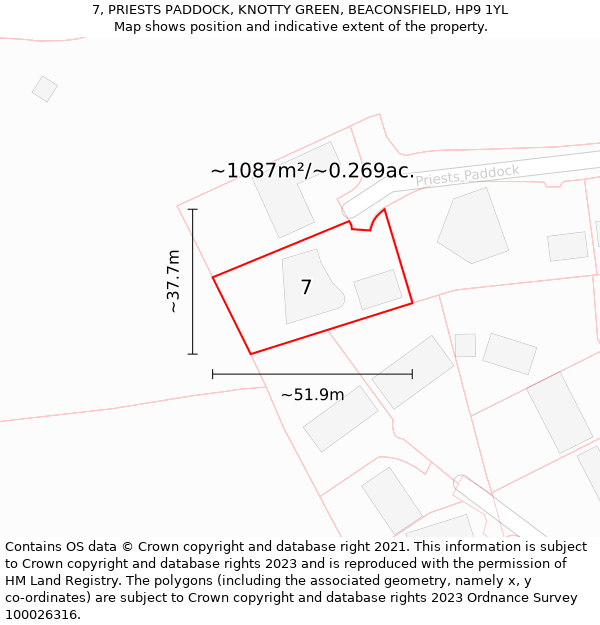 7, PRIESTS PADDOCK, KNOTTY GREEN, BEACONSFIELD, HP9 1YL: Plot and title map