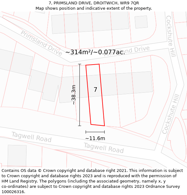 7, PRIMSLAND DRIVE, DROITWICH, WR9 7QR: Plot and title map