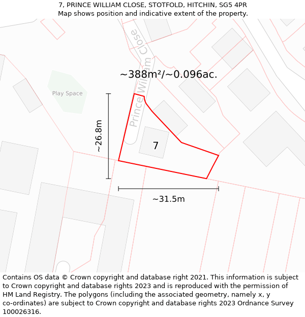 7, PRINCE WILLIAM CLOSE, STOTFOLD, HITCHIN, SG5 4PR: Plot and title map