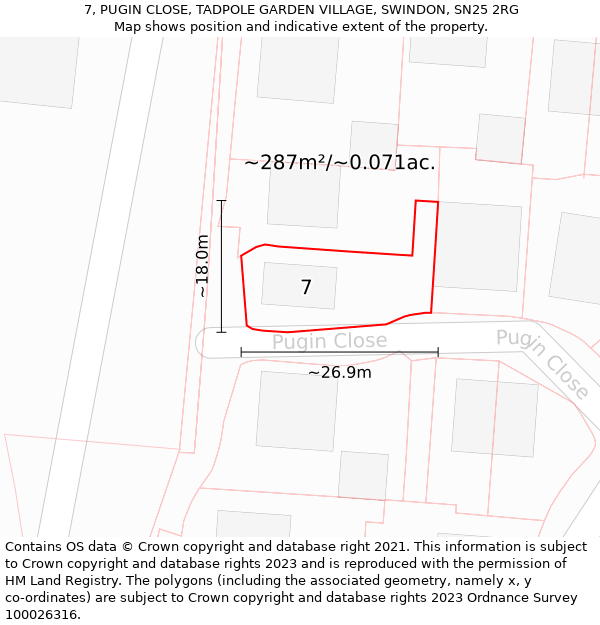 7, PUGIN CLOSE, TADPOLE GARDEN VILLAGE, SWINDON, SN25 2RG: Plot and title map