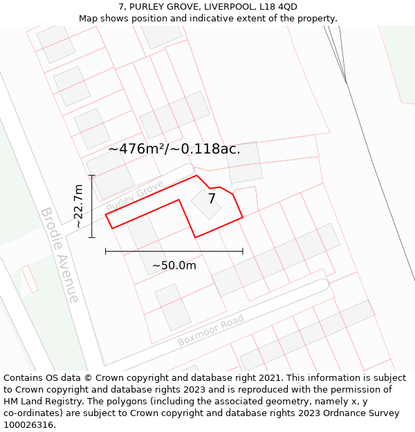 7, PURLEY GROVE, LIVERPOOL, L18 4QD: Plot and title map