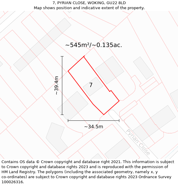 7, PYRIAN CLOSE, WOKING, GU22 8LD: Plot and title map