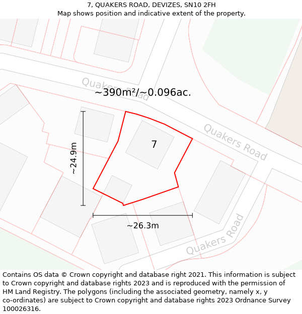 7, QUAKERS ROAD, DEVIZES, SN10 2FH: Plot and title map
