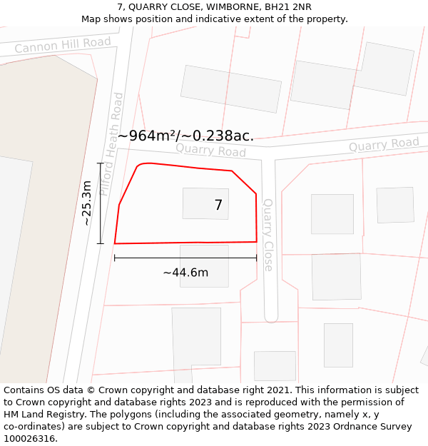 7, QUARRY CLOSE, WIMBORNE, BH21 2NR: Plot and title map