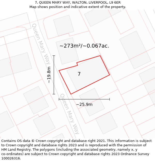 7, QUEEN MARY WAY, WALTON, LIVERPOOL, L9 6ER: Plot and title map