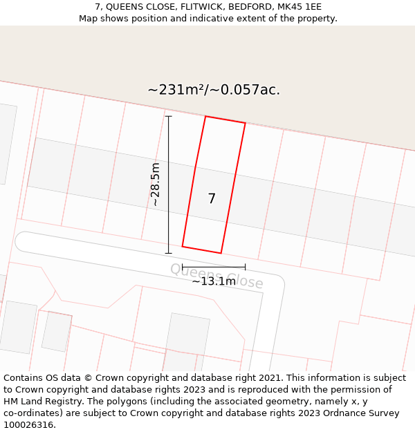 7, QUEENS CLOSE, FLITWICK, BEDFORD, MK45 1EE: Plot and title map