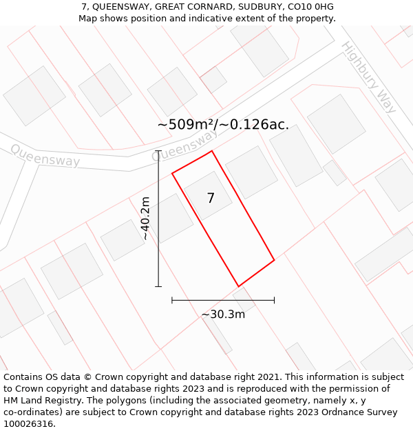 7, QUEENSWAY, GREAT CORNARD, SUDBURY, CO10 0HG: Plot and title map