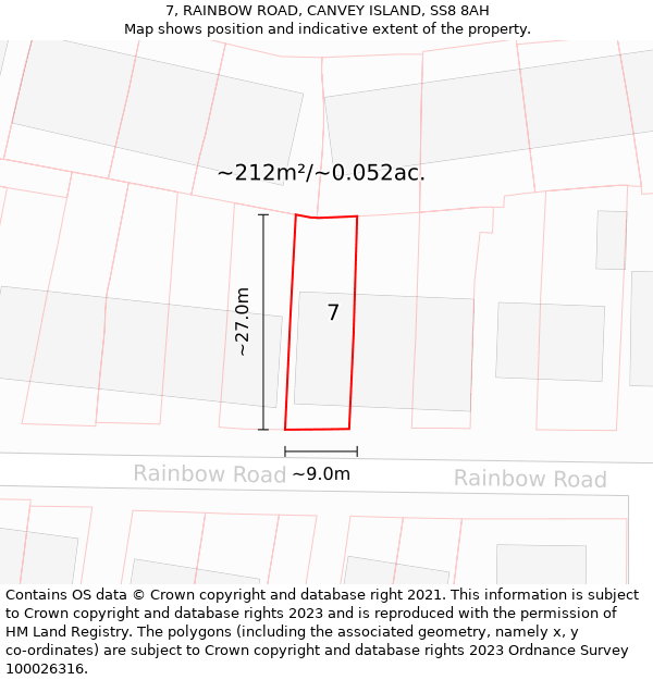 7, RAINBOW ROAD, CANVEY ISLAND, SS8 8AH: Plot and title map