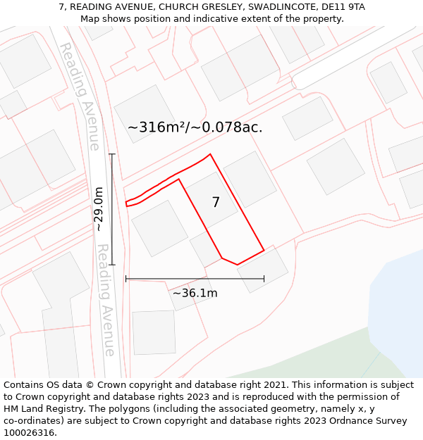 7, READING AVENUE, CHURCH GRESLEY, SWADLINCOTE, DE11 9TA: Plot and title map