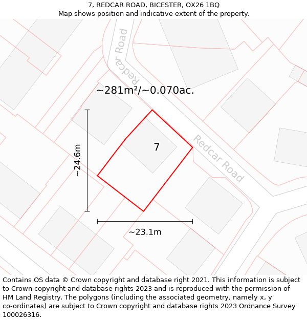 7, REDCAR ROAD, BICESTER, OX26 1BQ: Plot and title map