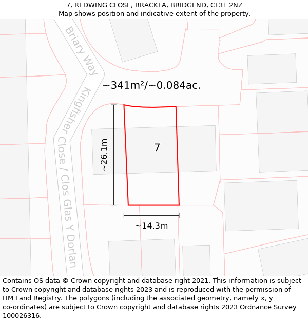 7, REDWING CLOSE, BRACKLA, BRIDGEND, CF31 2NZ: Plot and title map